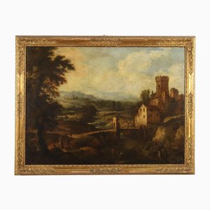 Landscape with Stream, Mill and Figures, Oil on Canvas, Framed