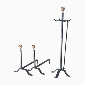 French Fireplace Tool Set in Black Cast Iron with Polished Brass, 1950s, Set of 3
