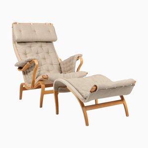 Set of Pernilla Lounge Chair with Ottoman in New Canvas attributed to Bruno Mathsson for Dux, 1980s