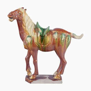 Chinese Tang Dynasty Horse in Ceramic in Glazed in Brown and Green Shades, 1930s