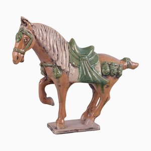 Chinese Tang Dynasty Horse in Ceramic in Glazed in Brown and Green Shades, 1930s