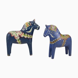 Dala Horses Hand-Painted with Floral Motifs on Blue Background, 1930s, Set of 2