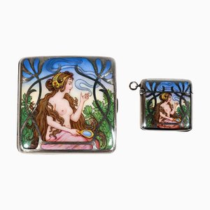Portasigarette Art Nouveau in argento e scatola di fiammiferi, metà XIX secolo, set di 2
