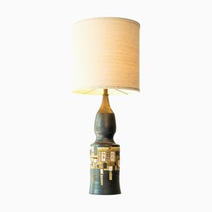 Iridescent Anthracite Ceramic Floor or Table Lamp with Silk Lampshade attributed to R. Houben, 1970s