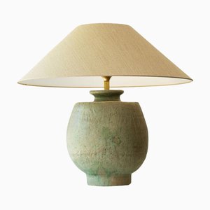 Grande Lampe de Bureau en Céramique Vert Pistache avec Abat-jour en Soie attribuée à R. Houben, 1970s