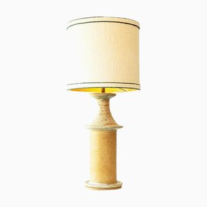 Large Greige Ceramic Table Lamp with Silk Lampshade attributed to R. Houben, 1970s
