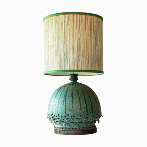 Oxide Green Ceramic Table Lamp with Walnut Foot and Lampshade attributed to R. Houben, 1970s
