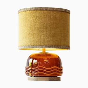 Camel Brown Glass Table Lamp with Walnut Base and Silk Lampshade attributed to R. Houben, 1970s