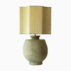 Large Pistachio Green Ceramic Table Lamp with Silk Lampshade attributed to R. Houben, 1970s