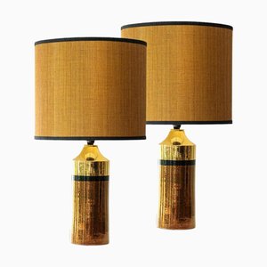 Ceramic Floor or Table Lamps from Bitossi with Silk Lampshades attributed to R. Houben, 1970s, Set of 2