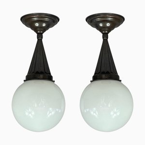 Plafonniers en Verre Opalin et Laiton Bruni, Suède, 1940s, Set de 2