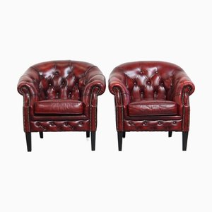 Chesterfield English Cowhide Club Chairs in Flamed Red Color, Set of 2