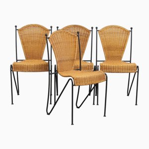Vintage Dining Room Chairs in Cast Iron and Wicker by Frederic Weinberg, Set of 4