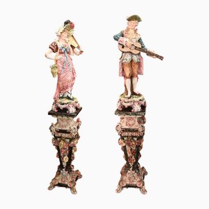 Italian Majolica Porcelain Figures Statues on Pedestal Stands, 1860s, Set of 2