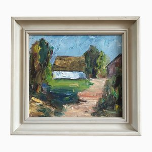 Il cottage bianco, dipinto ad olio, con cornice