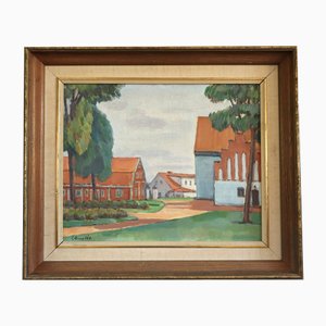Tetti rossi, pittura a olio, con cornice