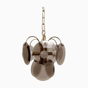 Vintage Chandelier in Brass with Smoked Bevelled Glass Discs from Sciolari, Italy, 1970s