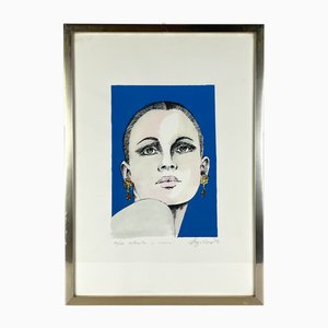 Italienischer Künstler, Mädchenkopf, 1977, Limitierte Lithographie, Gerahmt