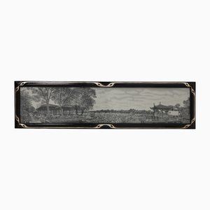 Framed Artwork on Silk of a Chinese Waterside Tea House, France, 1910