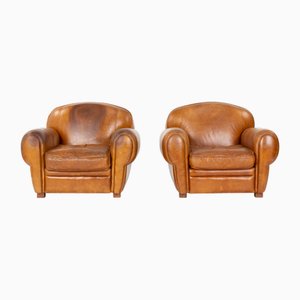 Set di poltrone Art Deco in pelle marrone