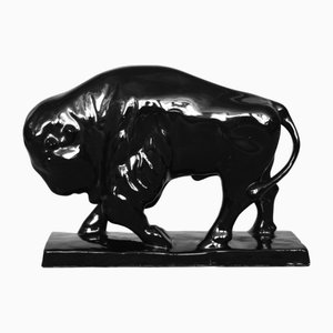Grande Figurine Bison Mid-Century Scandinave en Porcelaine Noire, 1960s