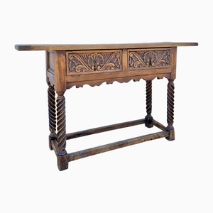 Spanish Castilian Console Table with Two Carved Drawers and Turned Legs, 1890s
