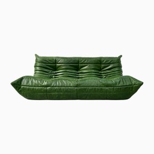 French Togo 3-Seater Sofa in Forest Green Leather attributed to Michel Ducaroy for Ligne Roset