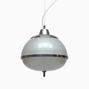 Lampada a sospensione con montatura in nichel e vetro rigato, Italia