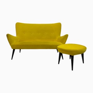 Vintage Italian Sofa with Matching Stool, 1950s, Set of 2