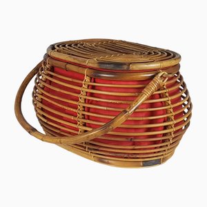 Roter italienischer Vintage Korb aus Wolle & Rattan, 1960er