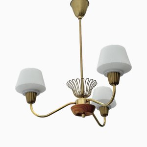Lampada Mid-Century moderna in ottone con quercia e vetro, Svezia, anni '50