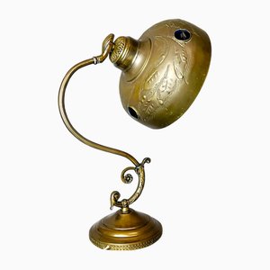 Verzierte Vintage Art Deco Messing Tischlampe mit blauen Glaseinsätzen, 1930er