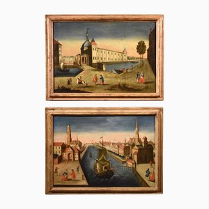 Venetian or Flemish School Artist, Rotterdam Palace of the Stock Exchange & Old Port, Oil on Canvas Paintings, Framed, Set of 2