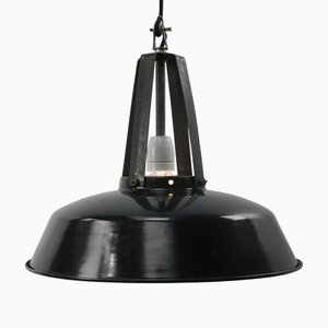 Industrielle französische Vintage Emaille Hängelampe in Schwarz