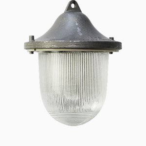 Lampe à Suspension Industrielle Vintage en Métal Gris Holophane en Verre