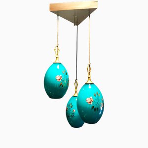 Suspension Vintage Turquoise avec Trois Abat-Jours Peints à la Main en Verre Soufflé et Détails Floral