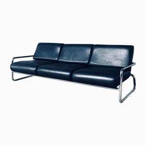 Bauhaus Three-Seat Sofa in Tubular Steel and Leather, 1950s