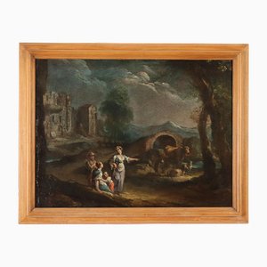 Artiste de l'Ecole Vénitienne, Paysage avec Personnages et Troupeaux, Huile sur Toile