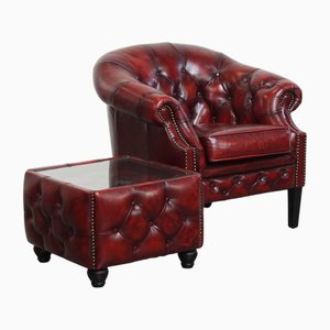 Red Mottled Cowhide Chesterfield Club Chair and Coffee Table with Glass Top, Set of 2