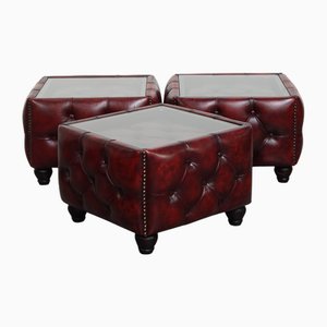 Roter Chesterfield Couchtisch aus Rindsleder mit Glasplatte, 3er Set