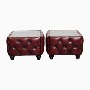 Tables Basses Chesterfield en Cuir de Vache avec Plateaux en Verre, Set de 2