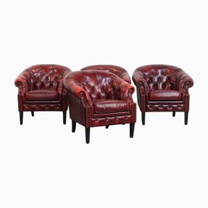 Vintage English Cowhide Chesterfield Club Chairs, Set of 4