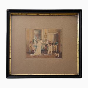 Eugènes Charles Picou, Scène d'Intérieur Bourgeois, 1800s, Aquarelle sur Papier, Encadrée
