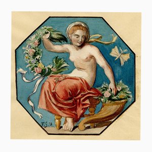Felix Schurig, Nymphe avec corne d'abondance et guirlande de fleurs, 1875, Aquarelle