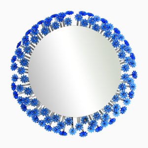 Vintage Münchener Zierform Wall Mirror with Blue Flowers Illuminated by Schöninger, 1950s
