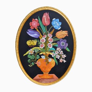 Black Oval Frame Inlay Flowers Scagliola Polychrome and Gold Frame from Cupioli Living