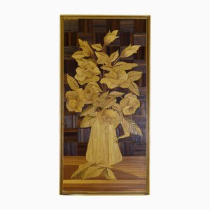 Art Deco Stroh Intarsien Kunstwerk mit Blumenstrauß, 1930er