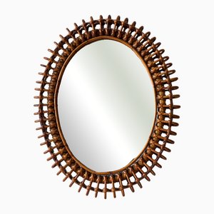 Miroir Ovale en Bambou en Rotin, 1970s