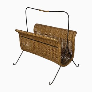 Mid-Century Modern Italian Modern Straw Magazine Rack with Metal Structure, 1970s