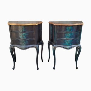 Tables de Chevet Provençales en Bois Noir et Bleu, Set de 2